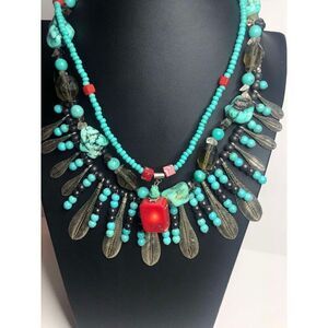 828 Lot of 3 faux turquoise necklaces faux coral boho layered statement beaded